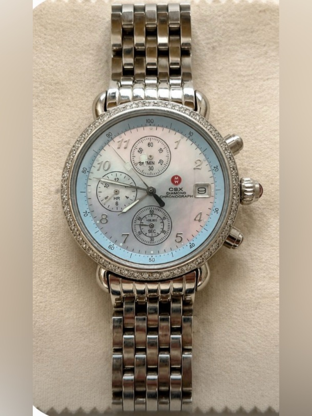 Michele Silver Watch with Light Blue Mother-of-Pearl Dial and diamond Bezel
